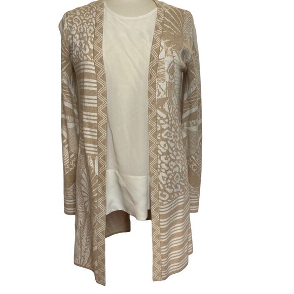 J McLaughlin Open Cardigan Sweater XS Palm Tropical Leopard Beige Cotton Blend - Picture 2 of 7